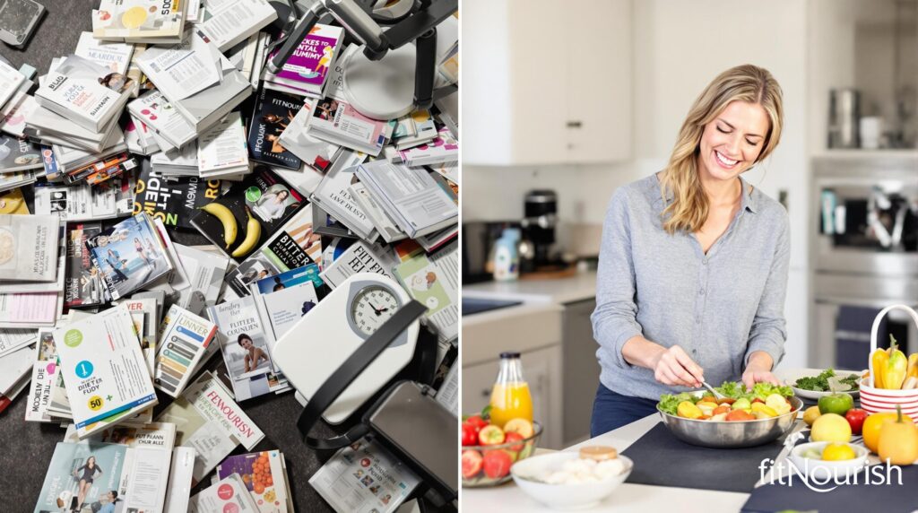 Split image showing transformation from diet frustration to sustainable wellness - woman overwhelmed by diet books on left, confidently preparing healthy meal on right