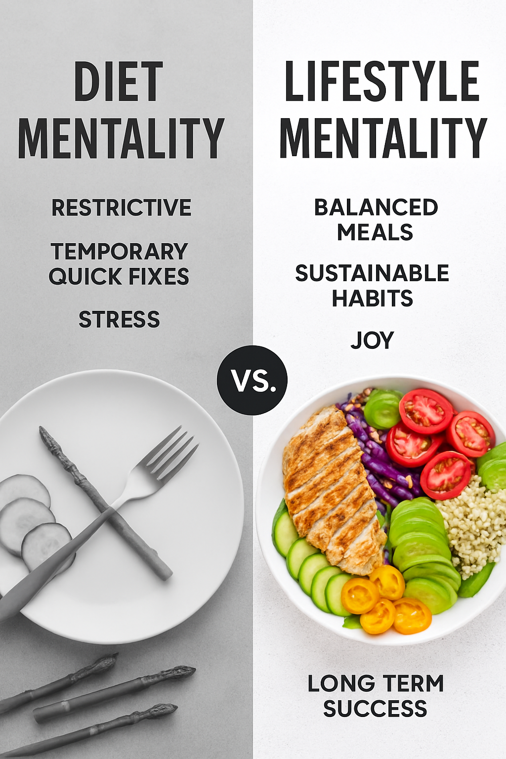 Split-screen comparison showing restrictive diet mentality versus balanced lifestyle mentality with visual representations of each approach