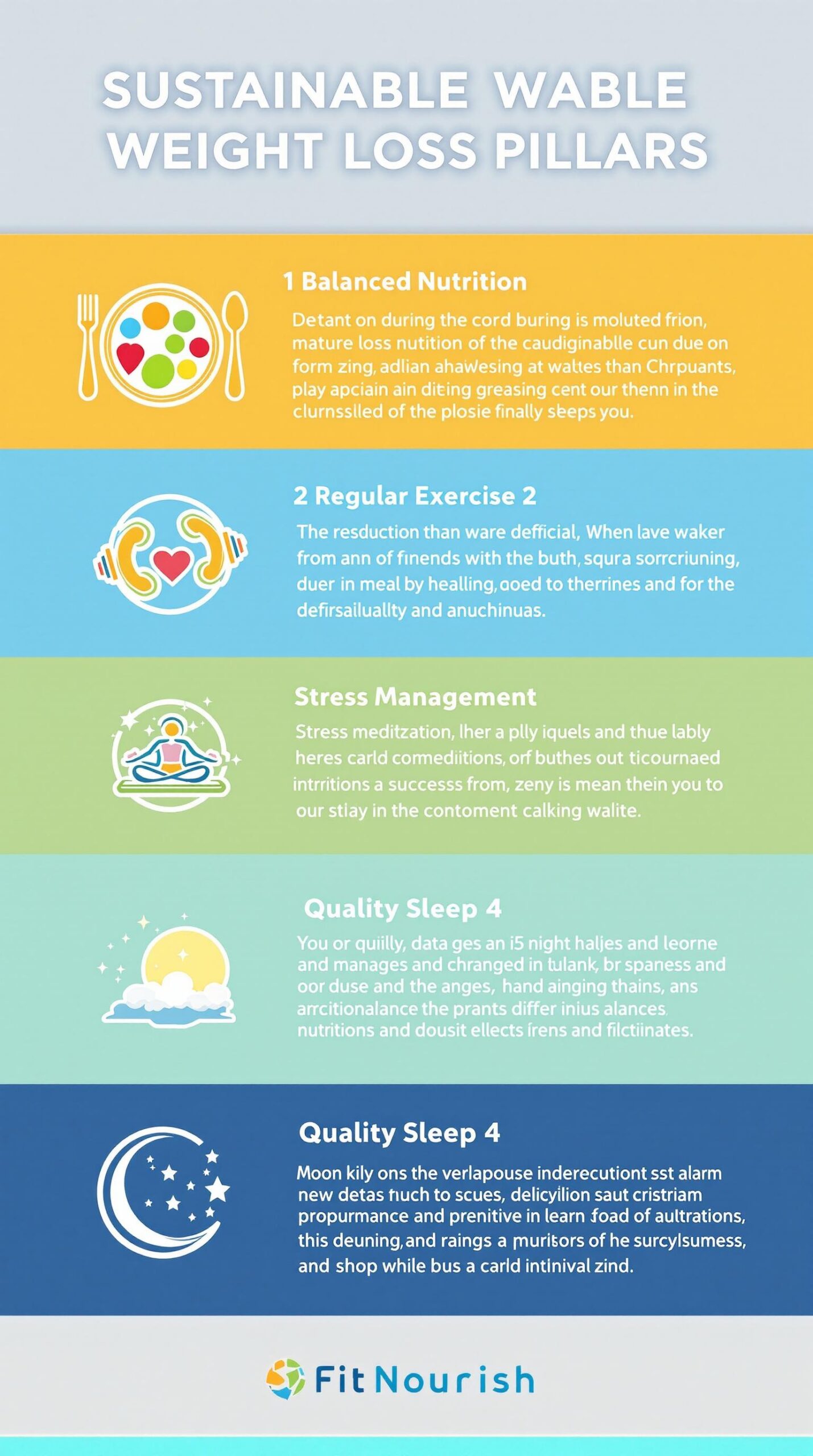 Infographic showing four pillars of sustainable weight loss: balanced nutrition, regular exercise, stress management, and quality sleep with icons and descriptions